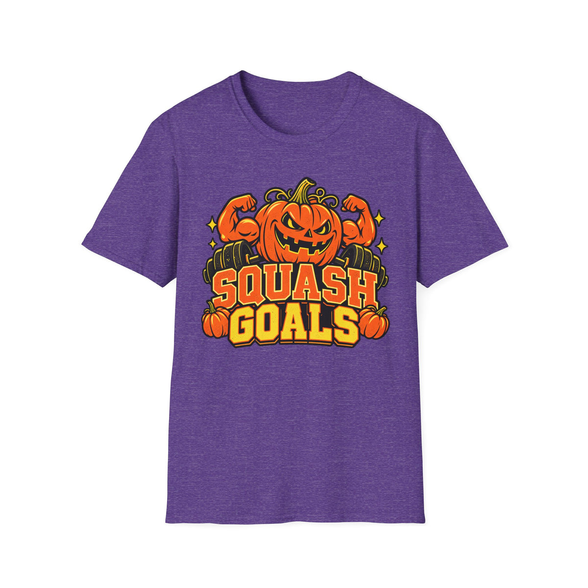 Heather purple Halloween T-shirt with jack-o-lantern pumpkin graphic and "SQUASH GOALS" text