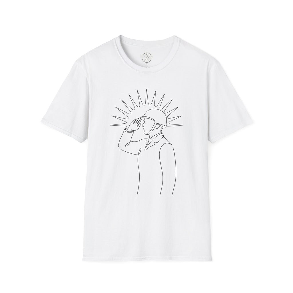 White T-shirt with minimal single-line man looking up graphic, black print