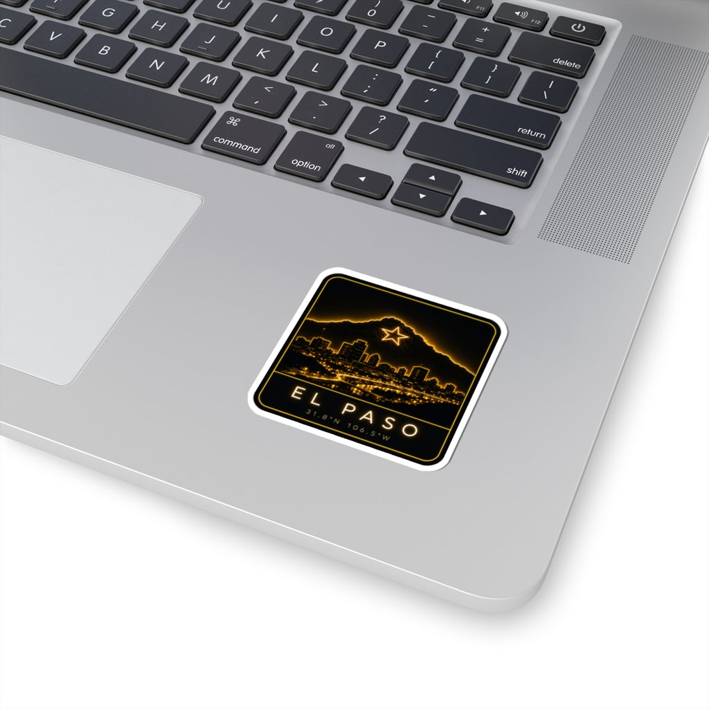 Square kiss-cut sticker with neon El Paso skyline and mountain star on laptop