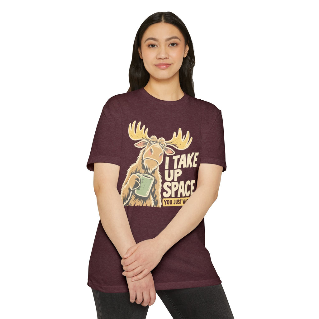 Maroon moose graphic T-shirt with antlers and space text.