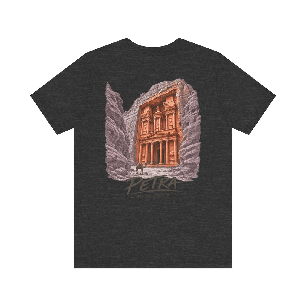 Black graphic T-shirt with large back-style Petra illustration and “PEIRTA” text
