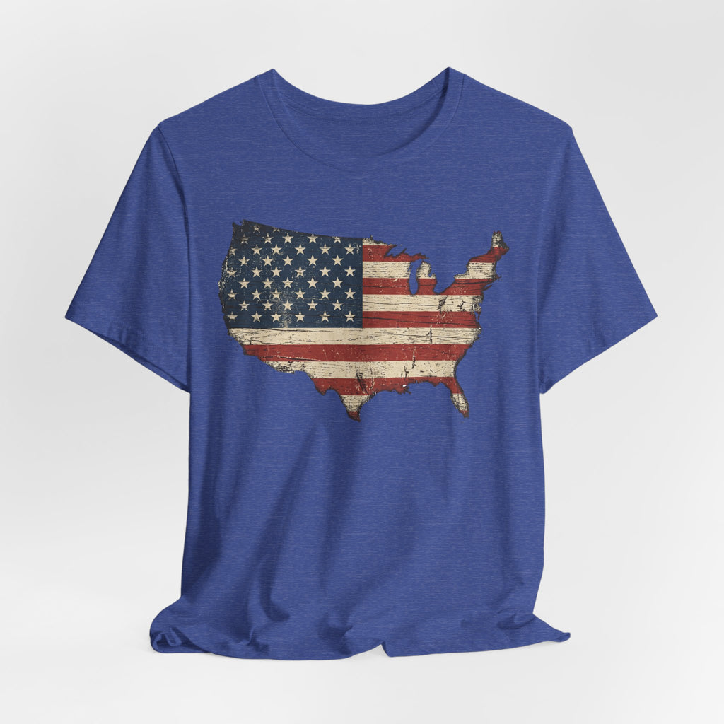 Royal blue T-shirt with distressed American flag USA map graphic at center, crew neck