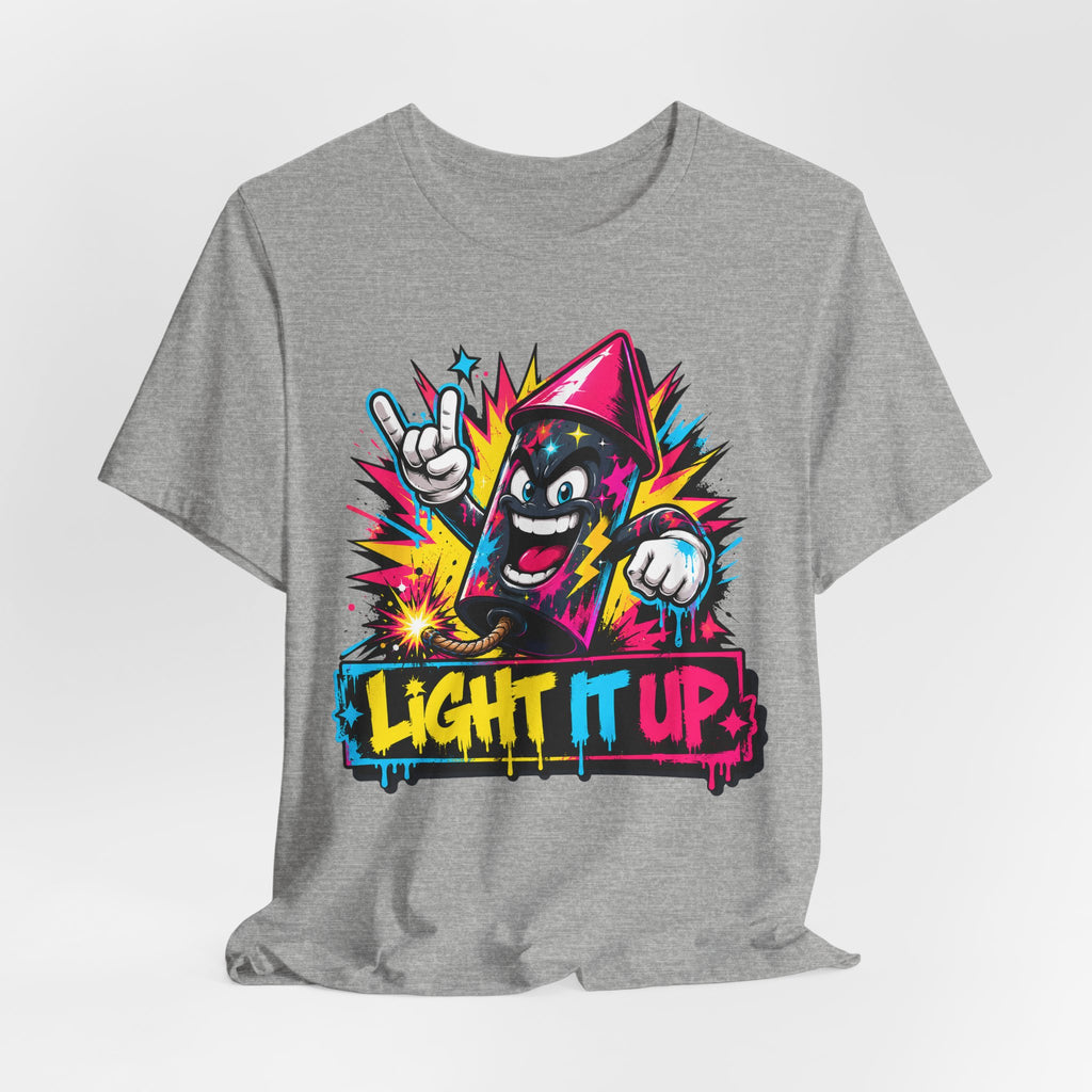 Heather gray T-shirt with colorful graffiti character “Light It Up” graphic on front.