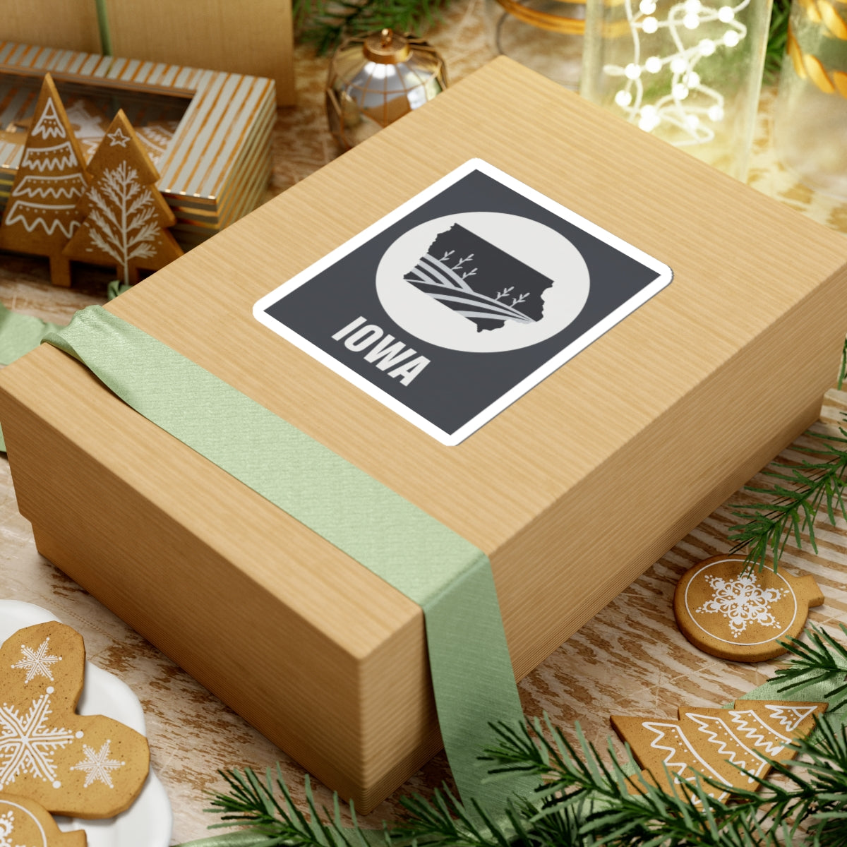 Iowa farmland graphic sticker on a wrapped gift: black square, white circle, and “IOWA”