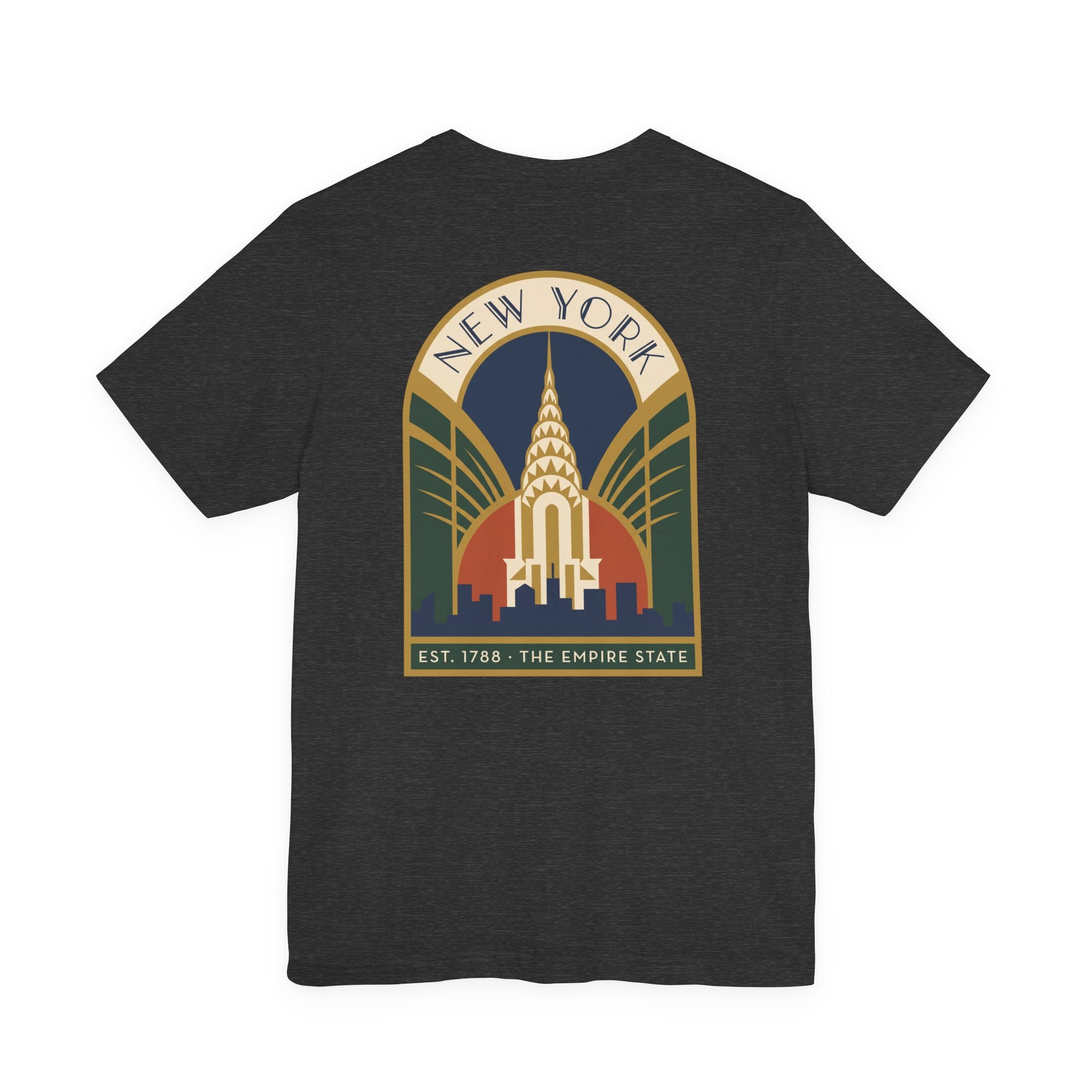 Black T-shirt with Art Deco New York skyline emblem graphic, arched text