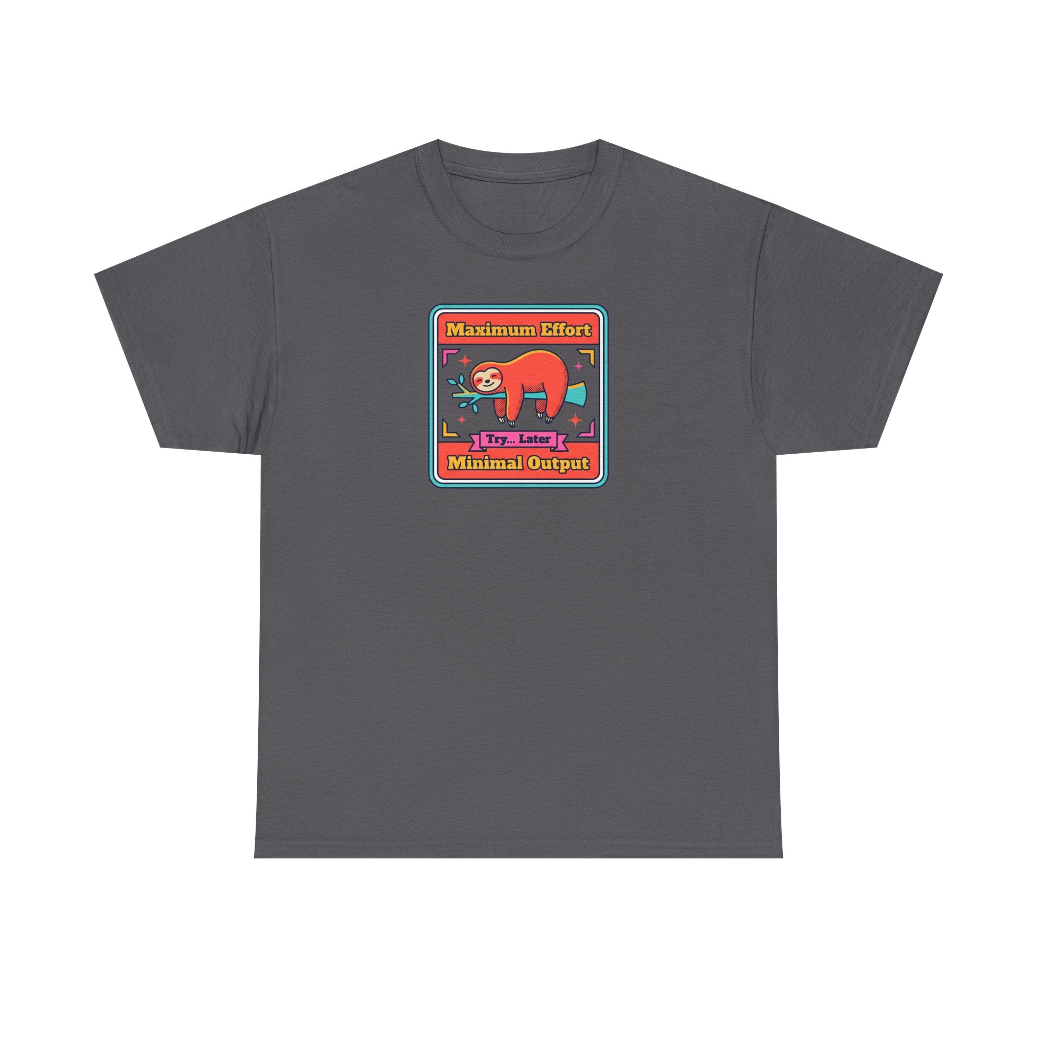 Dark gray short-sleeve T-shirt with colorful sloth graphic chest print
