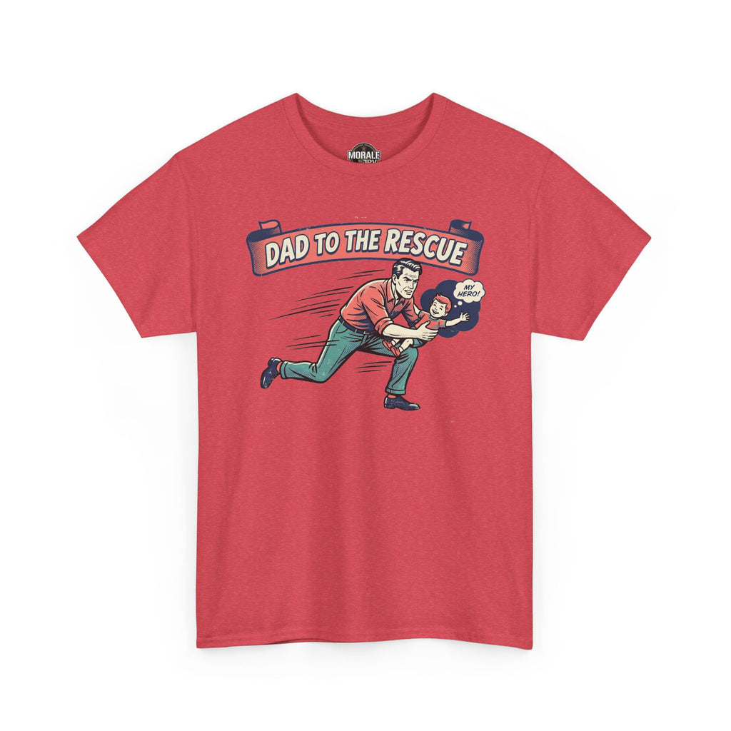 Men's red graphic T-shirt with retro superhero dad rescue print
