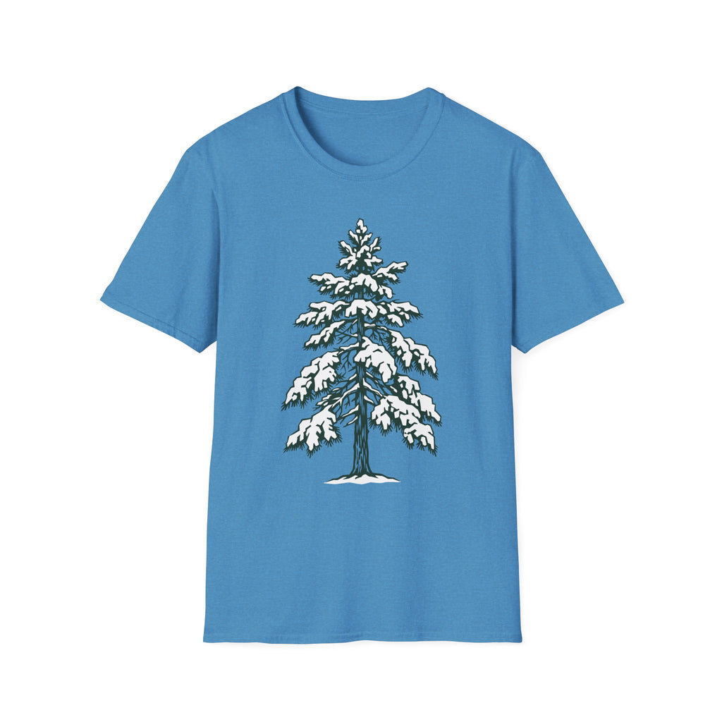 Snowy pine tree graphic T-shirt, blue with snowy pine tree print