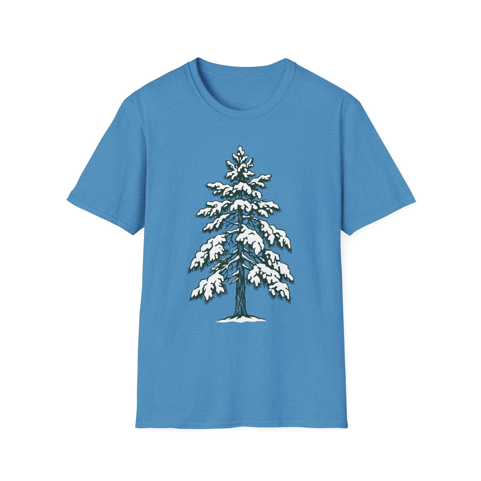 Snowy pine tree graphic T-shirt, blue with snowy pine tree print