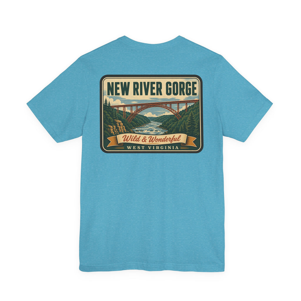 Aqua short-sleeve T-shirt with New River Gorge scenic patch graphic