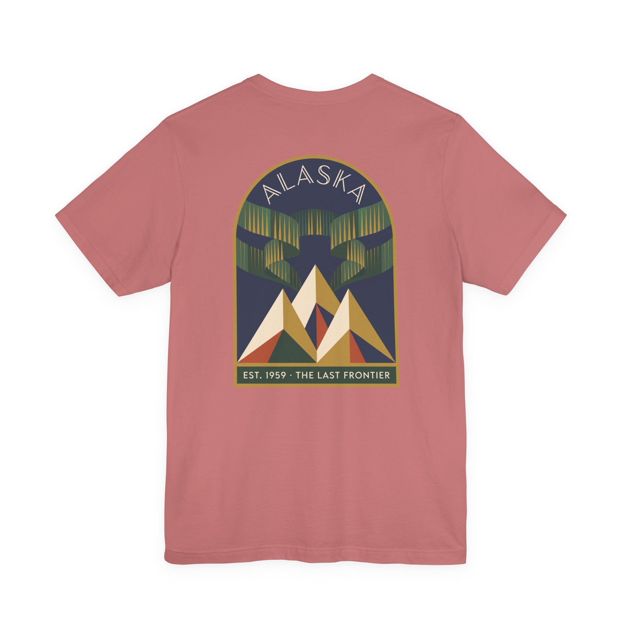 Dusty rose graphic T-shirt with Alaska aurora badge and mountain design