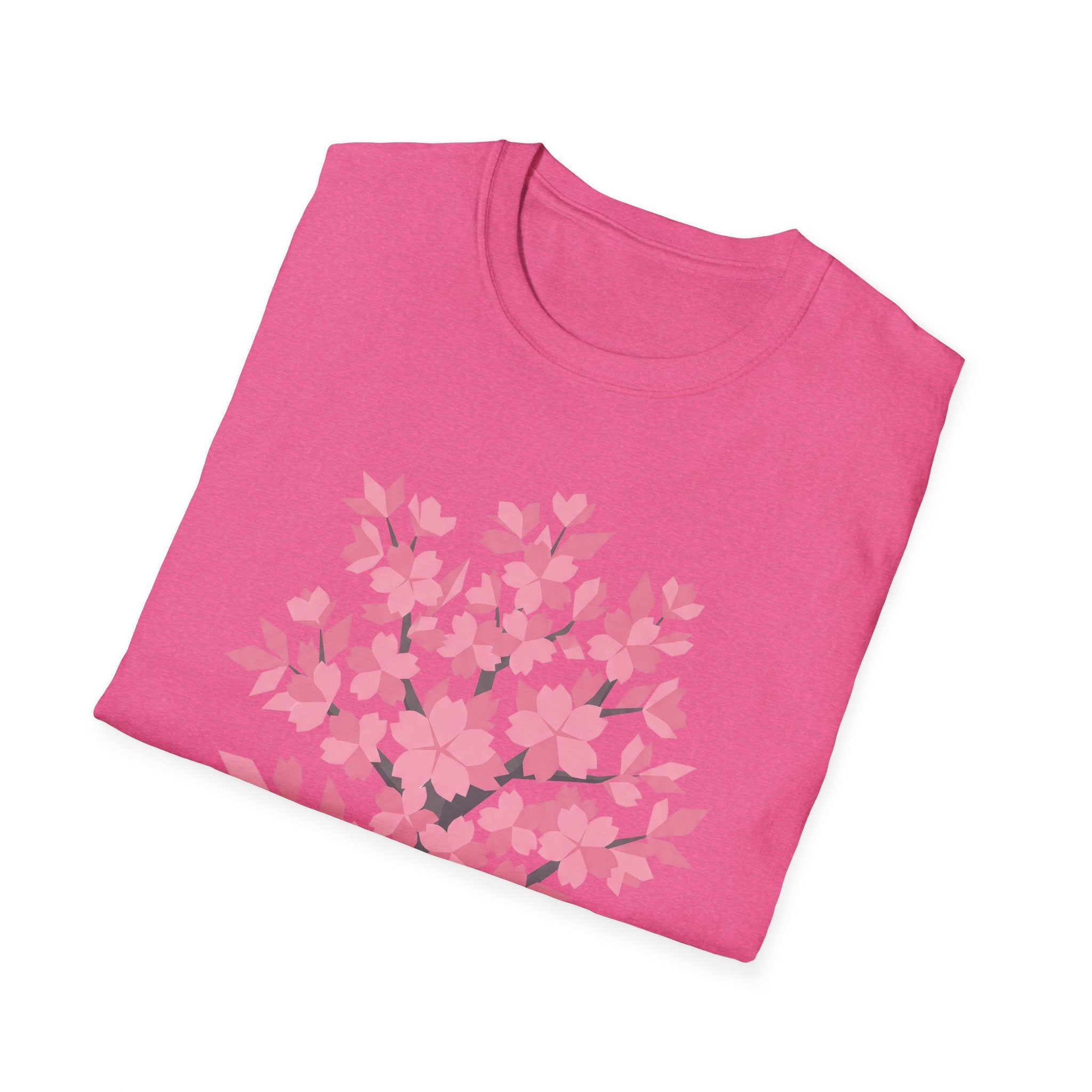 Printify pink T-shirt with cherry blossom tree graphic across chest