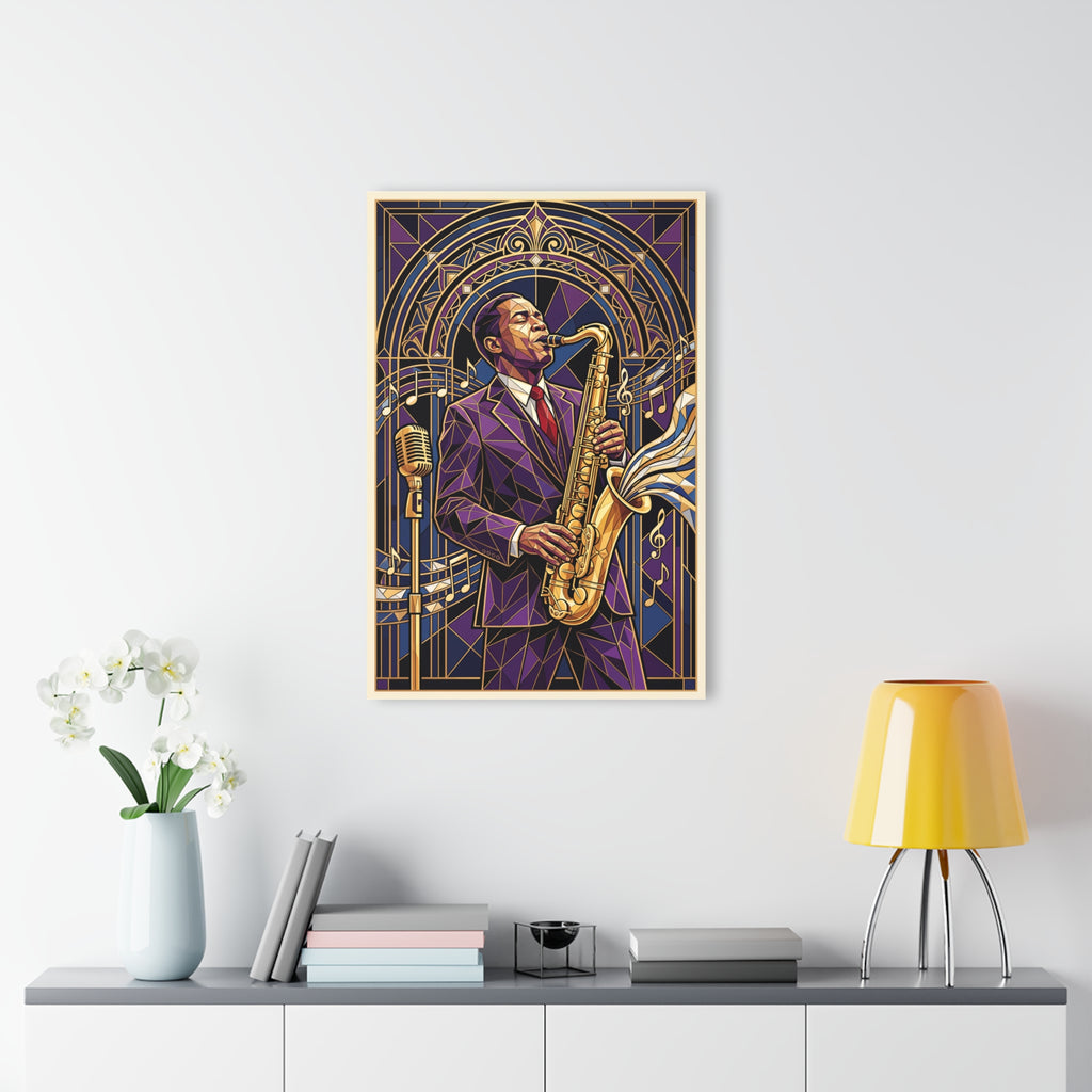 Wall-mounted acrylic print showing saxophonist and gold geometric halo on purple artwork