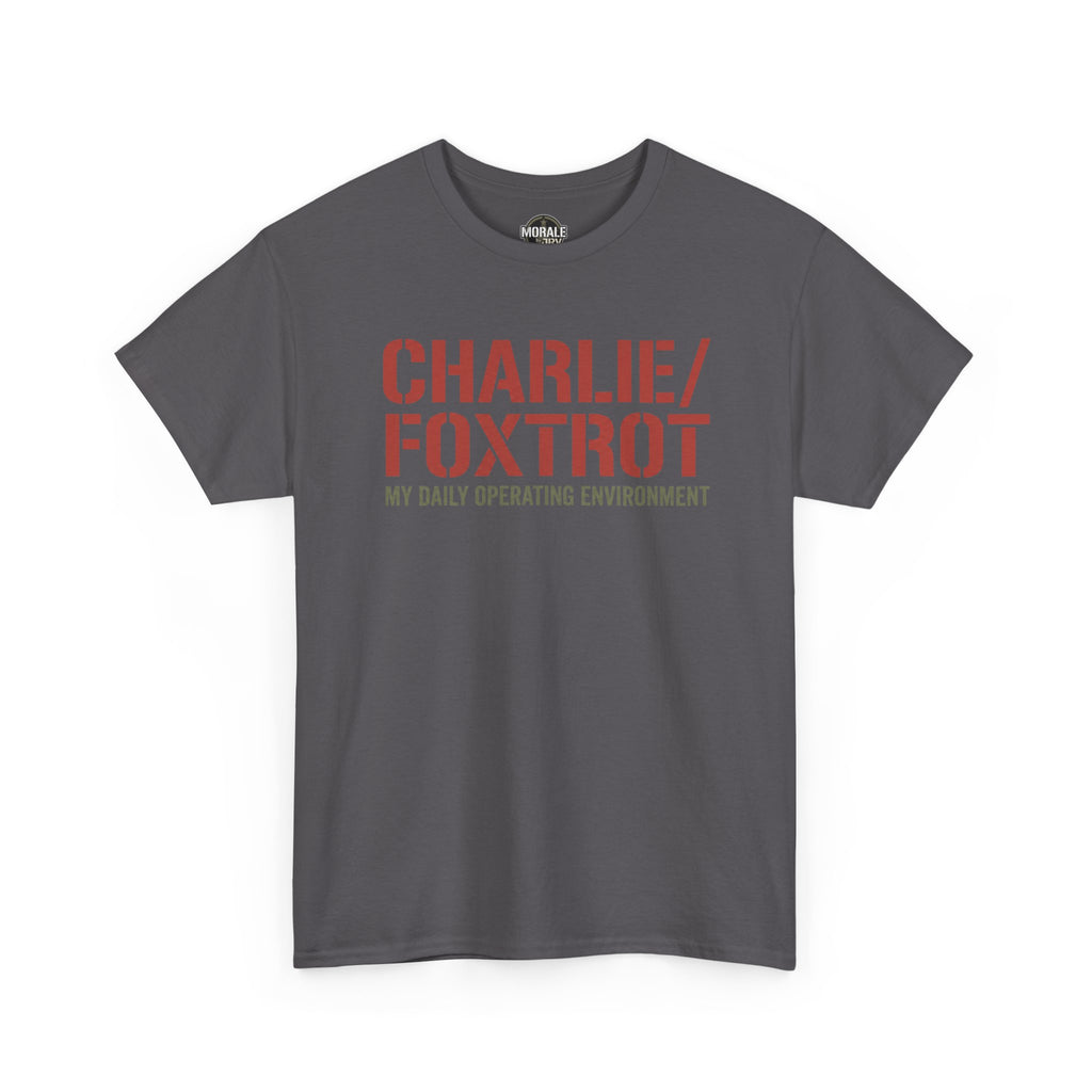 Charcoal crewneck T-shirt with red 'CHARLIE/FOXTROT' front graphic.
