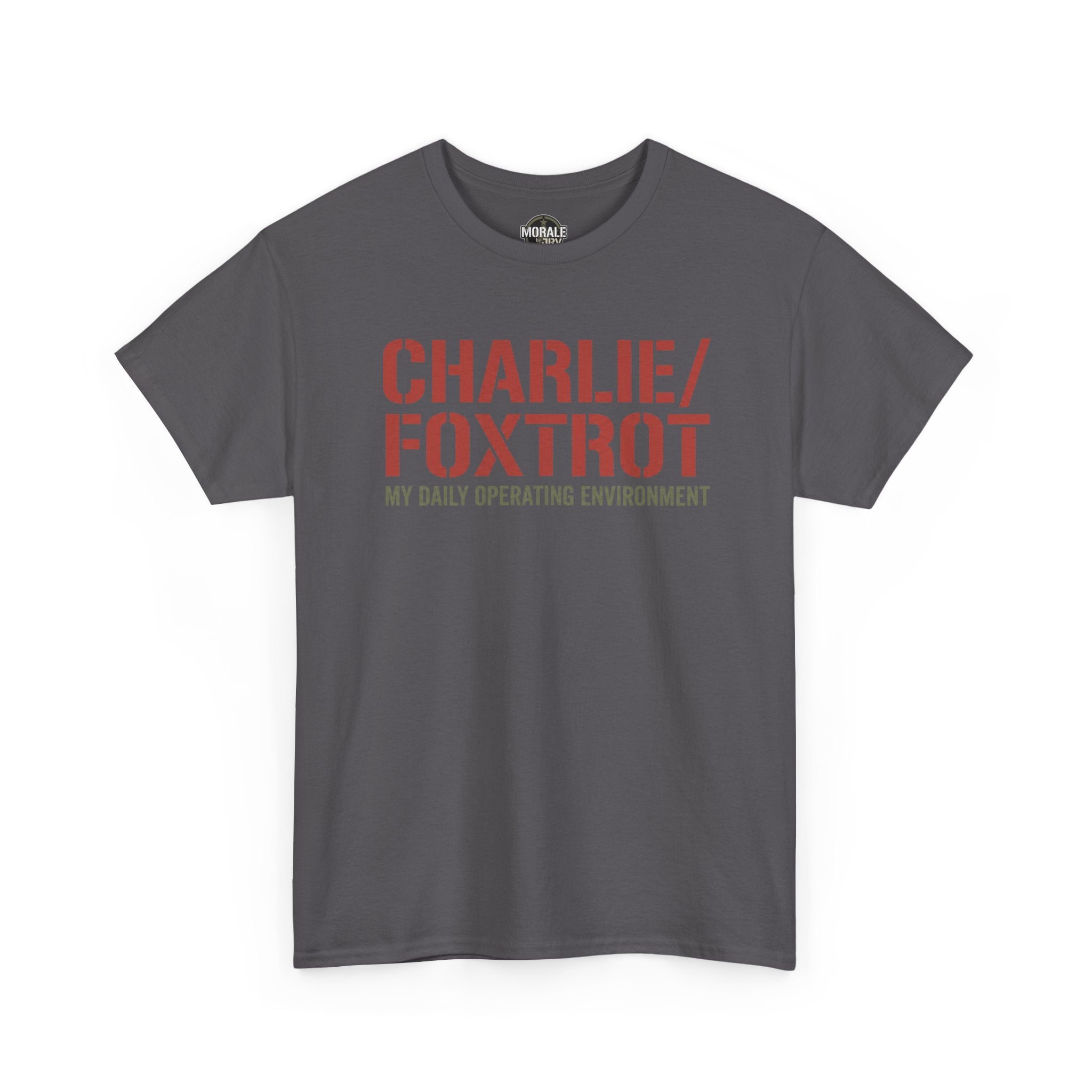 Charcoal crewneck T-shirt with red 'CHARLIE/FOXTROT' front graphic.