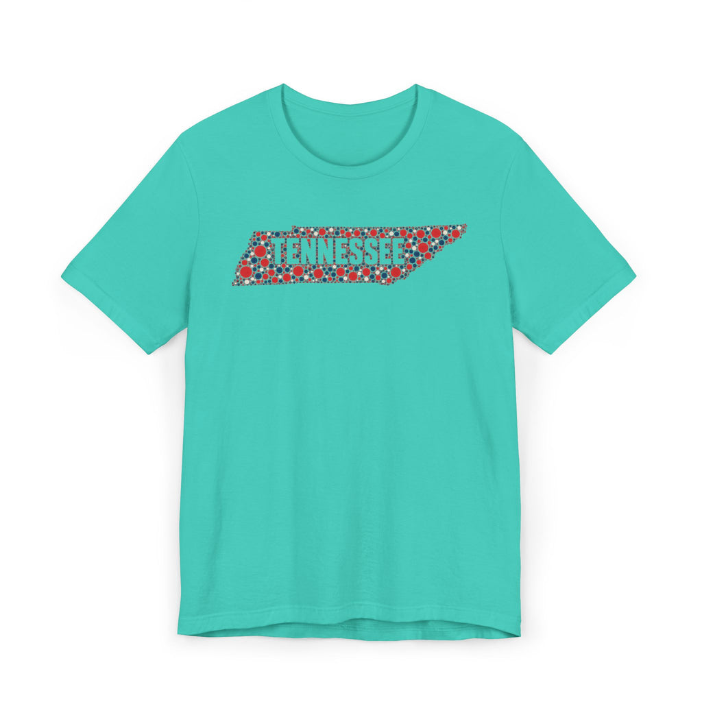 Teal t-shirt with colorful floral Tennessee state outline graphic across chest
