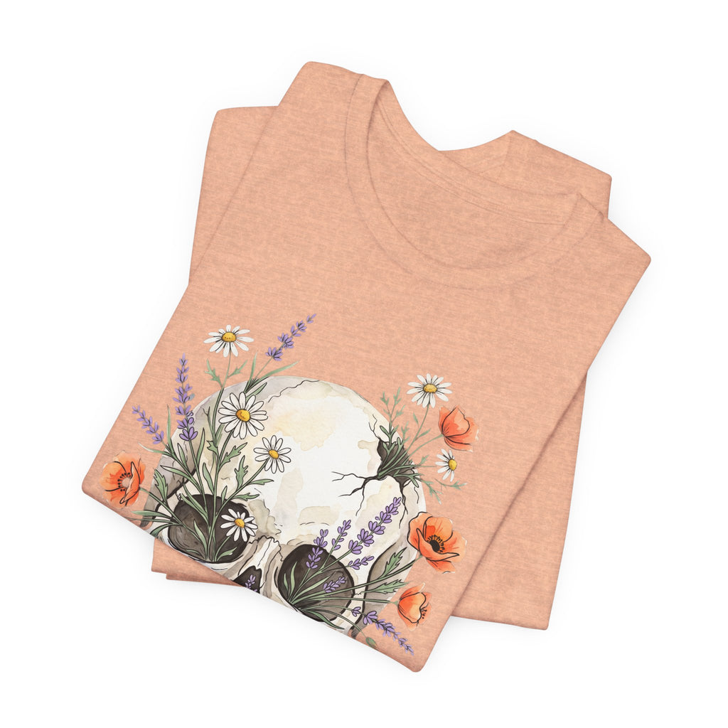 Heather peach floral skull T-shirt with poppies and wildflowers graphic on the chest