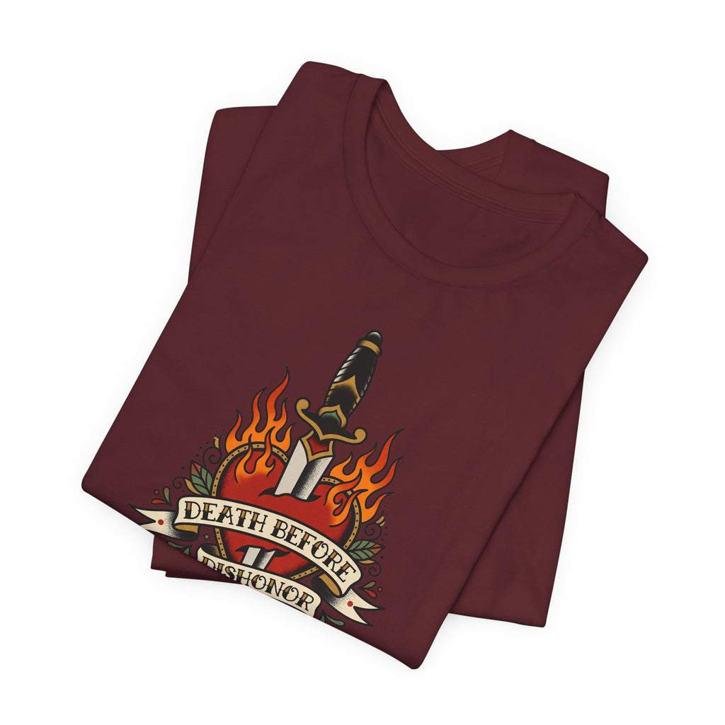 Maroon T-shirt with dagger and flames tattoo graphic