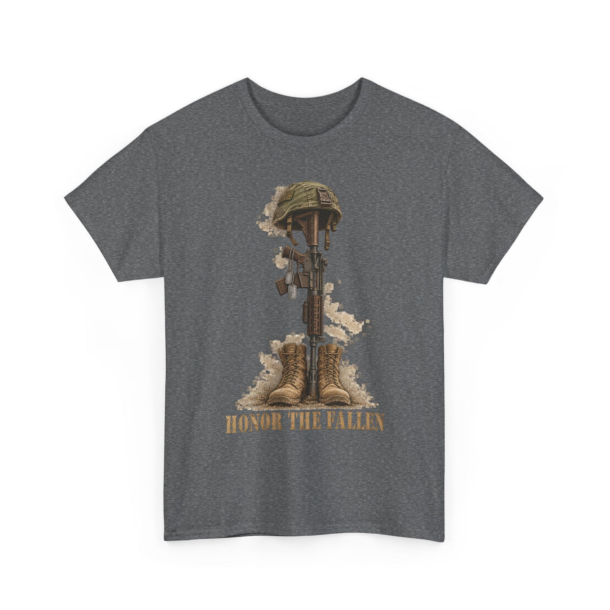 Graphite heather crew-neck T-shirt with fallen soldier helmet, rifle, boots graphic and “HONOR THE FALLEN”