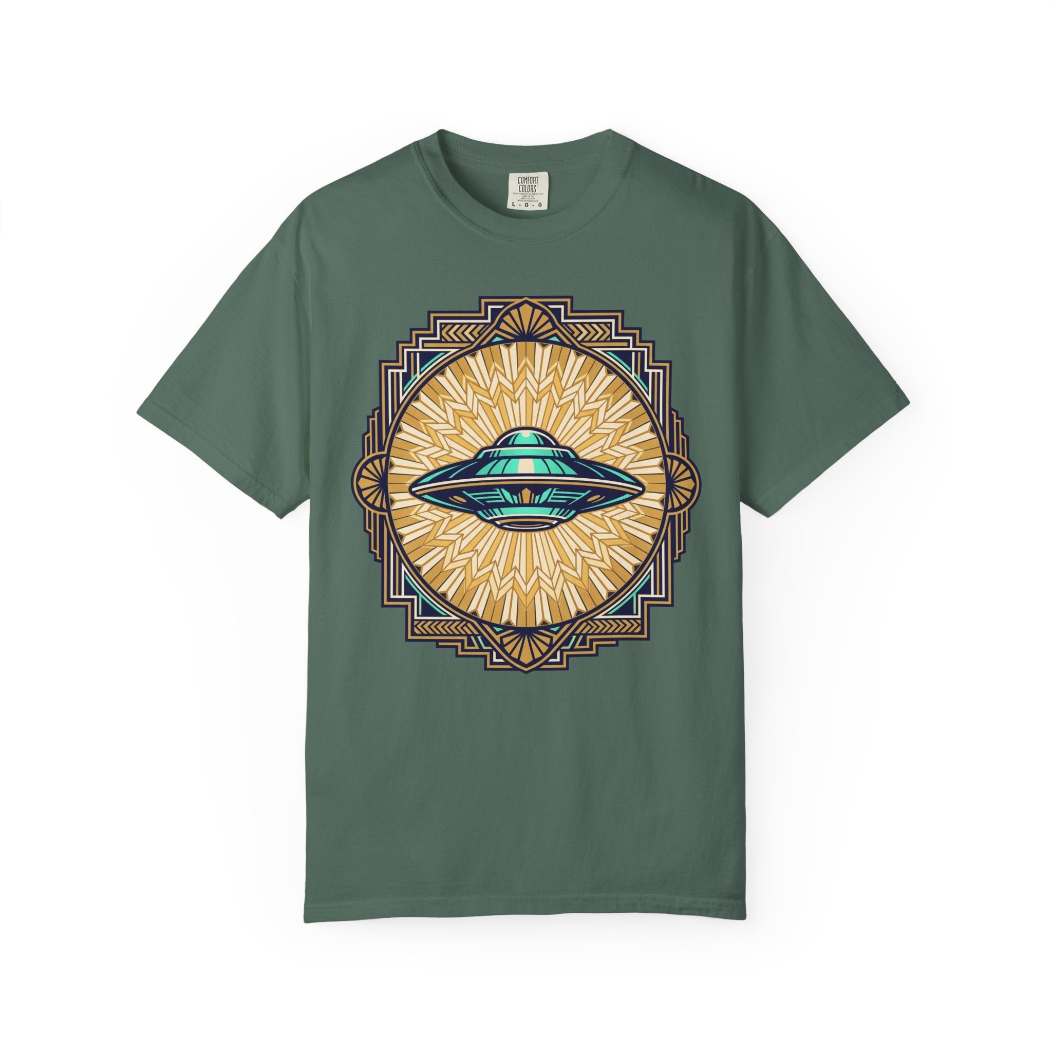 Deep green T-shirt with central UFO graphic in blue and gold sunburst design