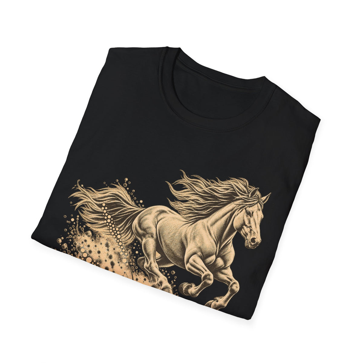Black T-shirt featuring a gold running horse graphic with decorative splash detail.