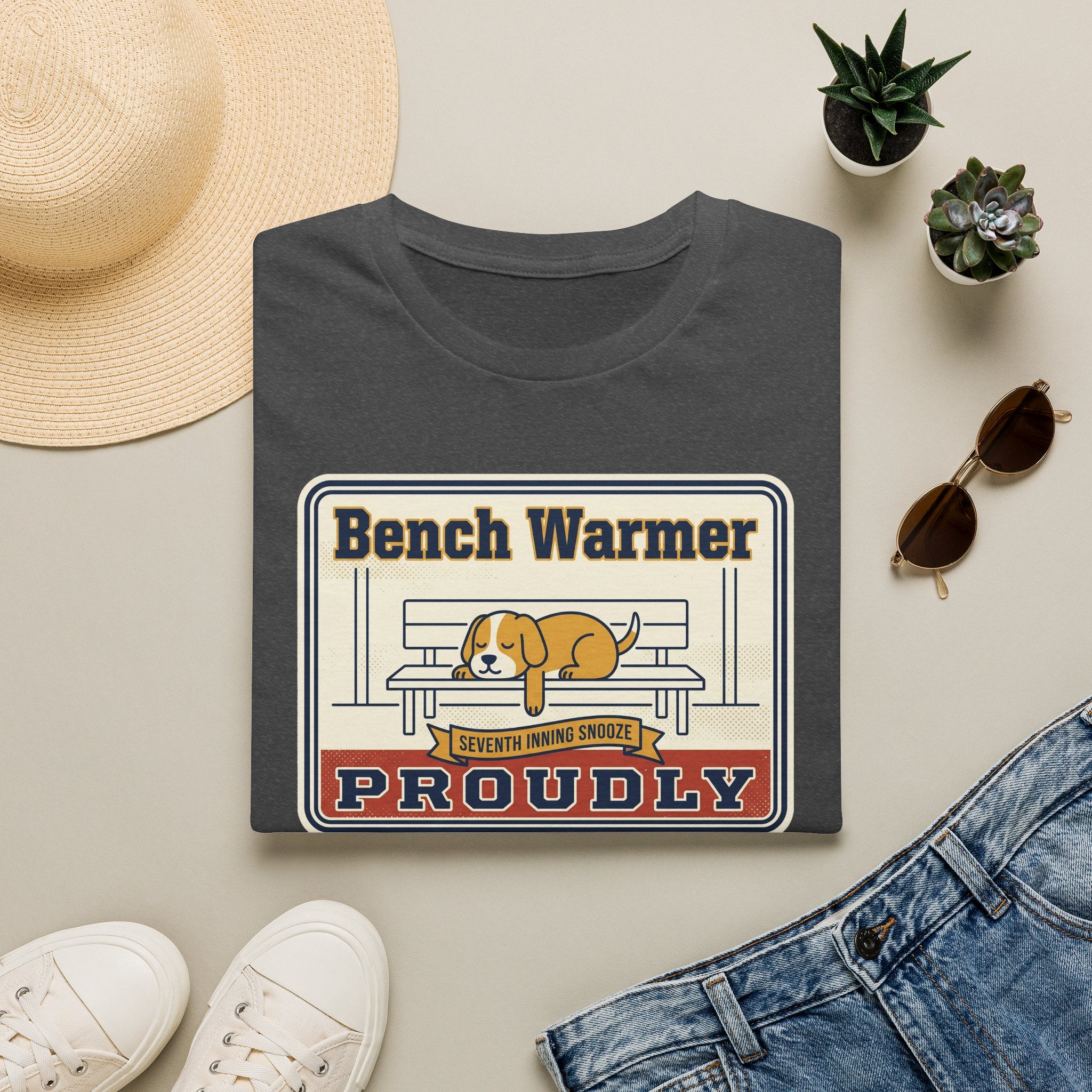 Dark gray crew-neck t-shirt with 'Bench Warmer Proudly' dog logo