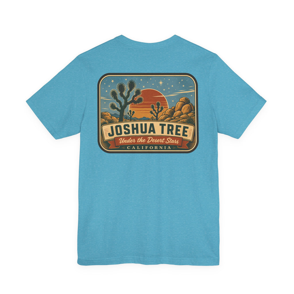 Heather aqua crew-neck T-shirt with large Joshua Tree desert landscape graphic