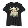 Black T-shirt with sloth holding a coffee mug graphic and “I’m On It” text