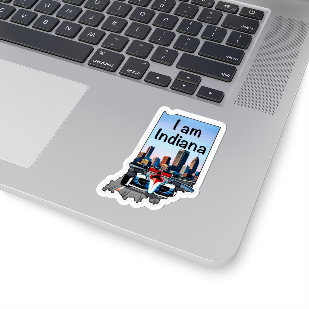 I Am Indiana sticker on laptop keyboard: “I am Indiana” skyline, white outline