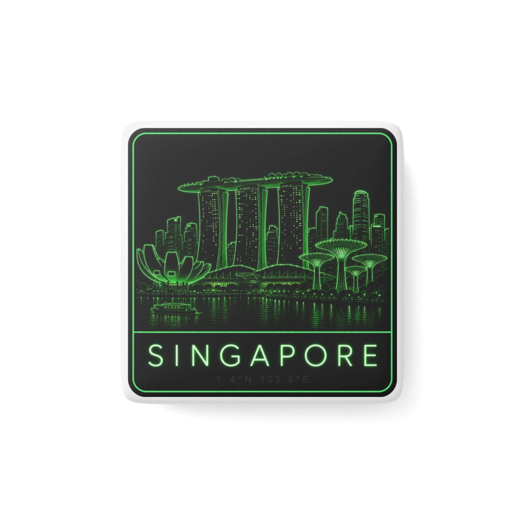 Square porcelain magnet with green neon Singapore skyline and “SINGAPORE” text