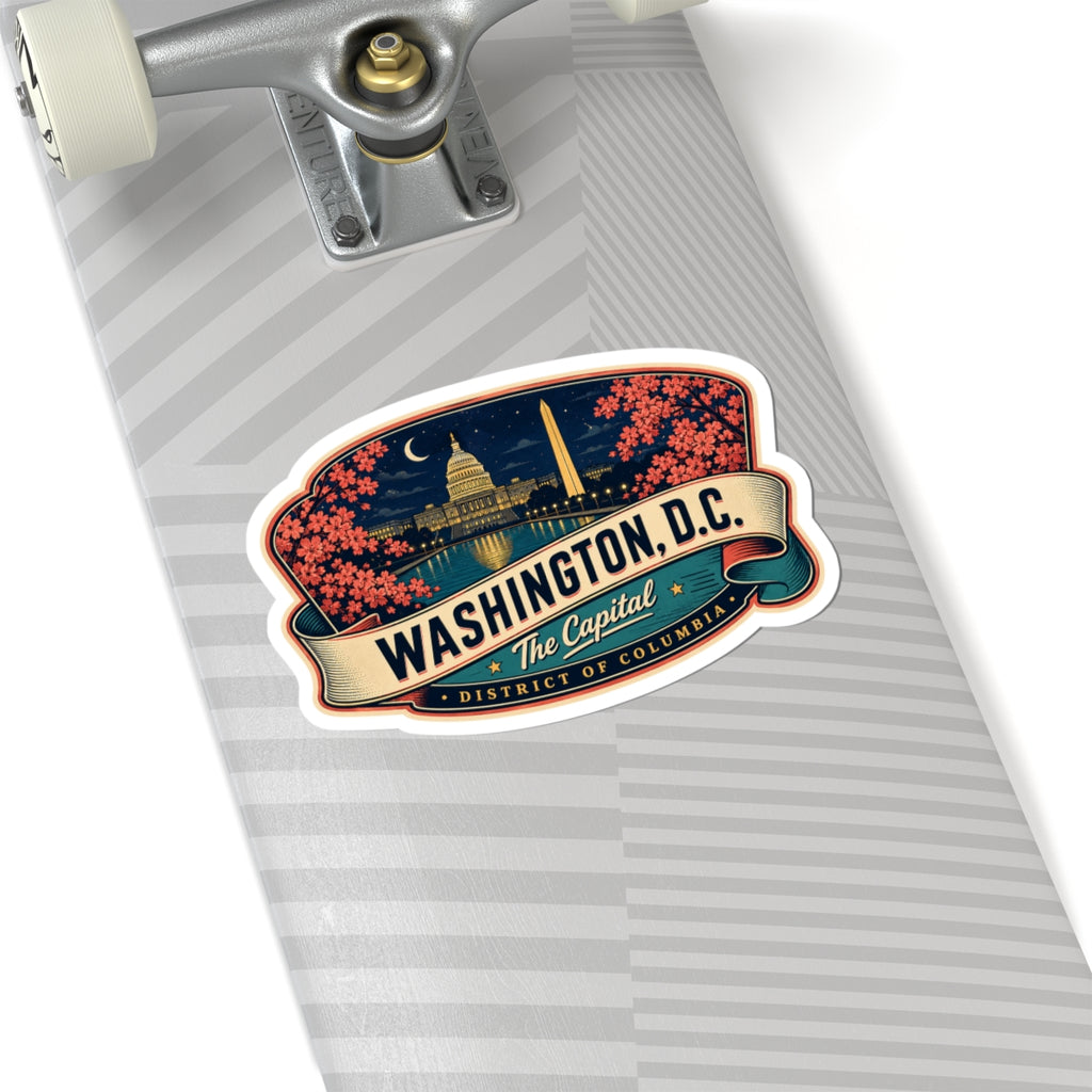 Luggage tag sticker on a striped luggage surface showing Washington D.C. landmarks and The Capitol
