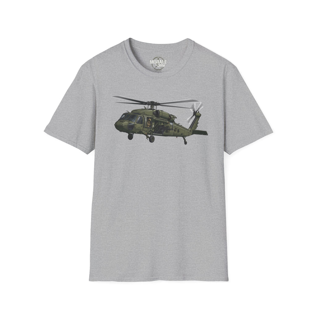 Military Black Hawk helicopter graphic T-shirt, light gray