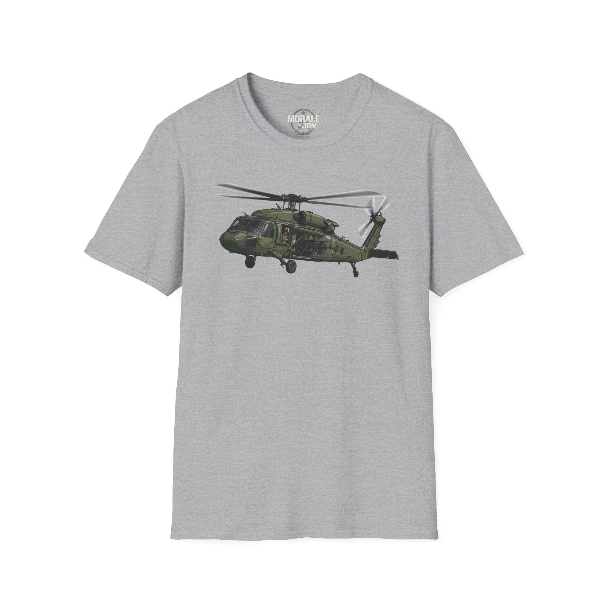 Military Black Hawk helicopter graphic T-shirt, light gray