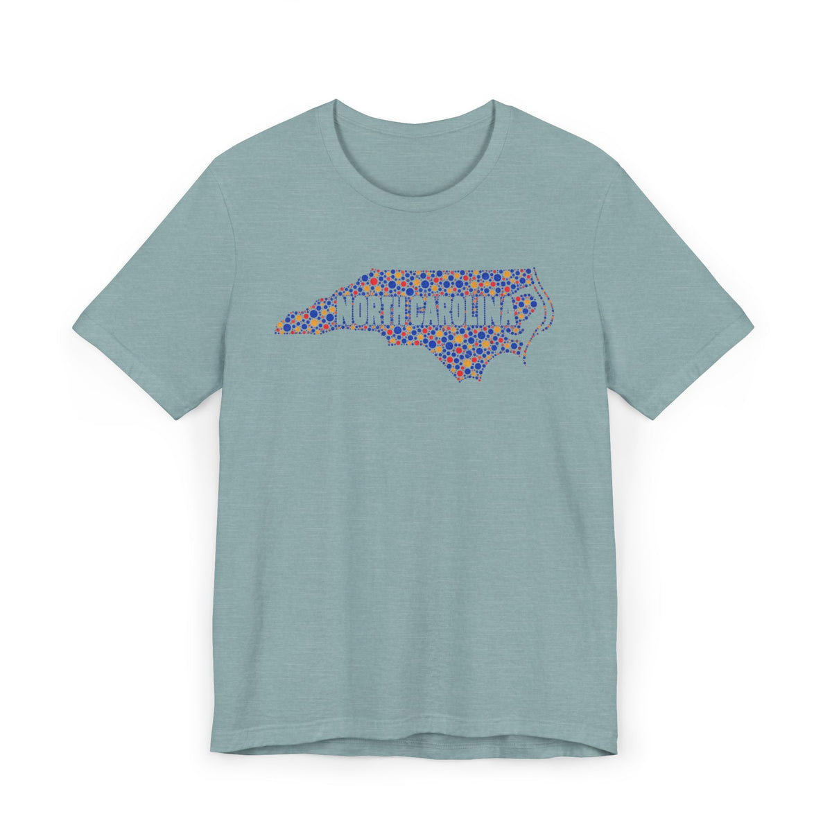 Teal T-shirt with colorful North Carolina floral map outline graphic on chest