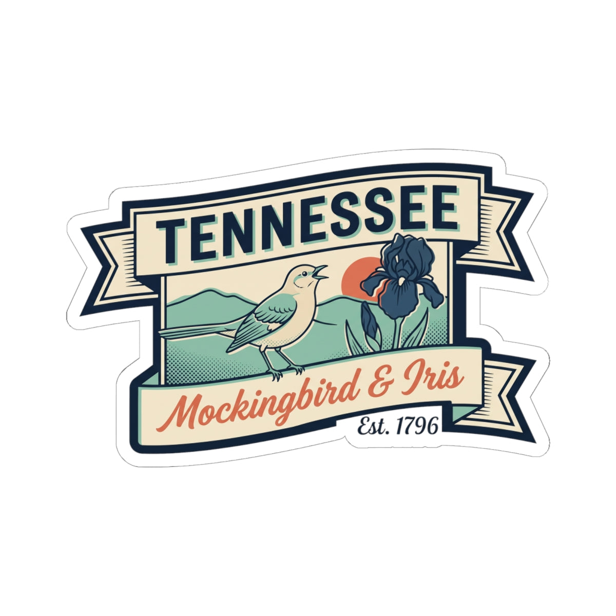 Kiss-cut Tennessee sticker showing mockingbird, iris, and crest ribbon text