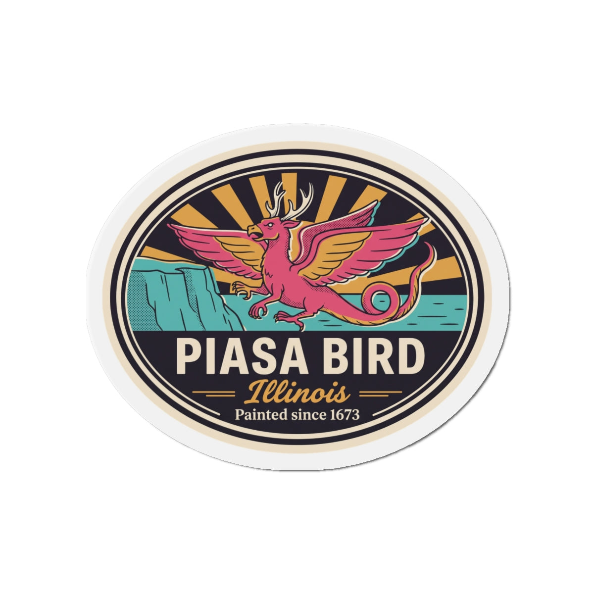 Round die-cut magnet with colorful eagle-like bird illustration and Illinois banner