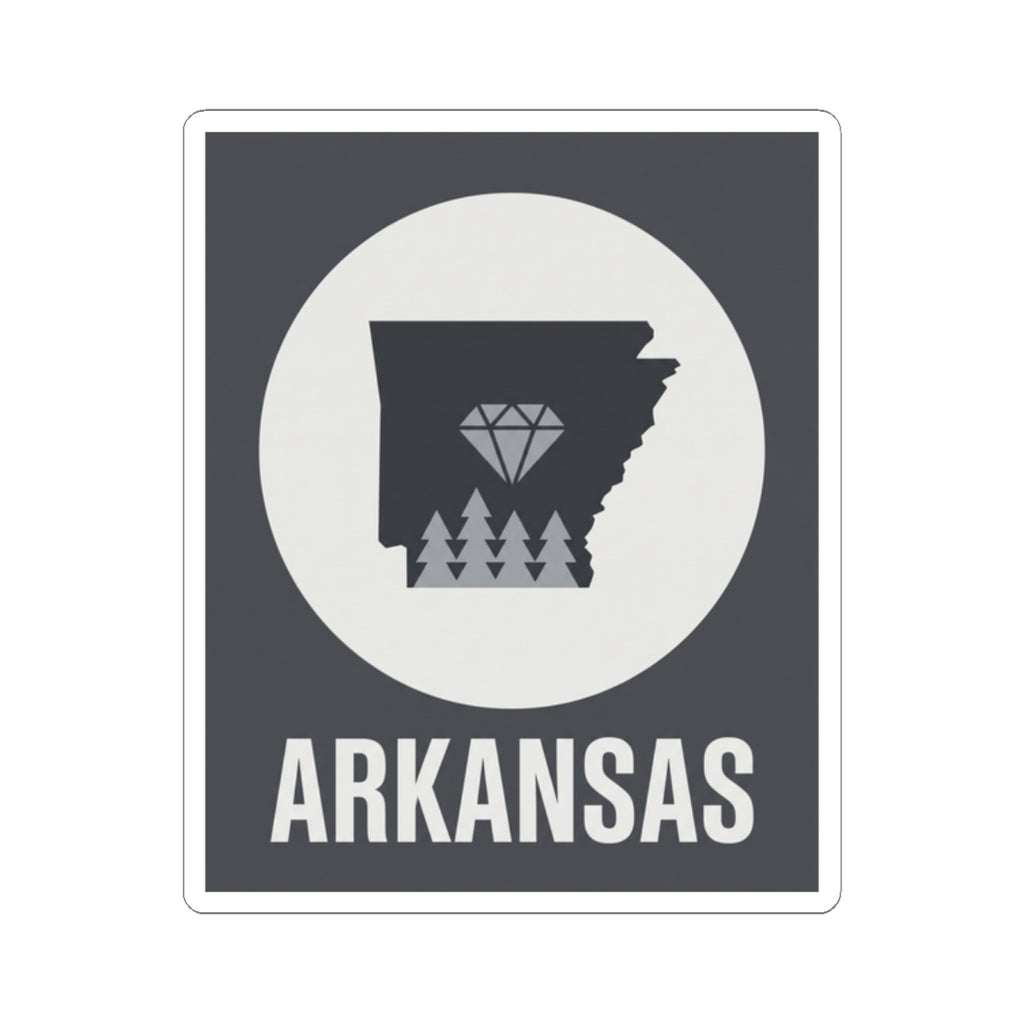 Arkansas kiss-cut vinyl sticker: circular design with state silhouette, diamond trees, ARKANSAS
