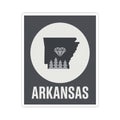 Arkansas kiss-cut vinyl sticker: circular design with state silhouette, diamond trees, ARKANSAS
