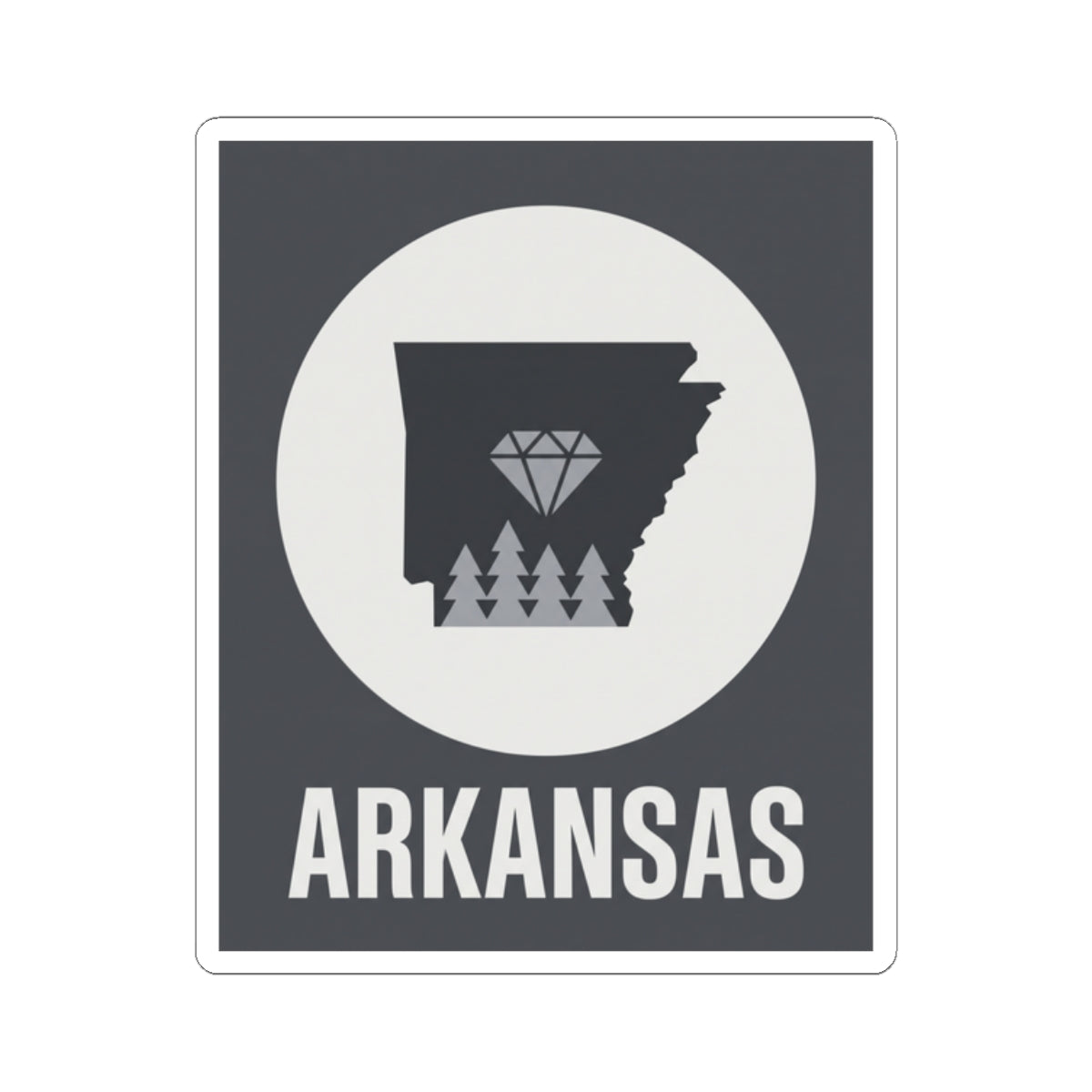 Arkansas kiss-cut vinyl sticker: circular design with state silhouette, diamond trees, ARKANSAS