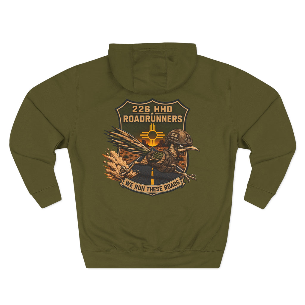 Army green cotton pullover hoodie with large chest graphic and hood.