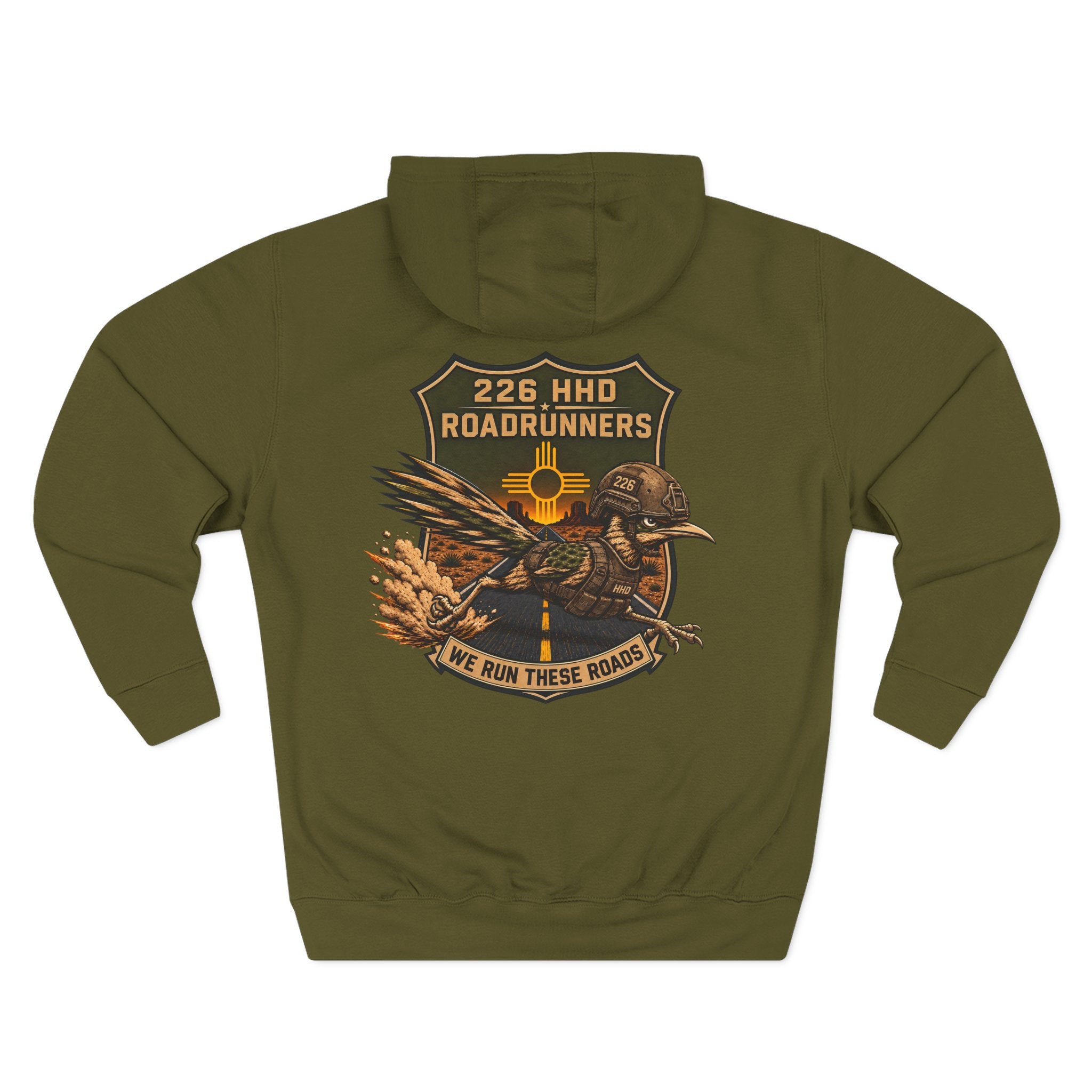 Army green cotton pullover hoodie with large chest graphic and hood.