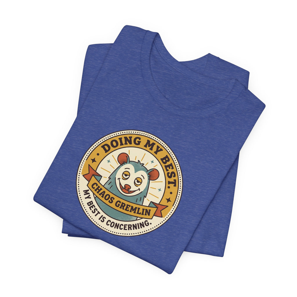 Blue short-sleeve T-shirt with crew neck and round gremlin badge graphic