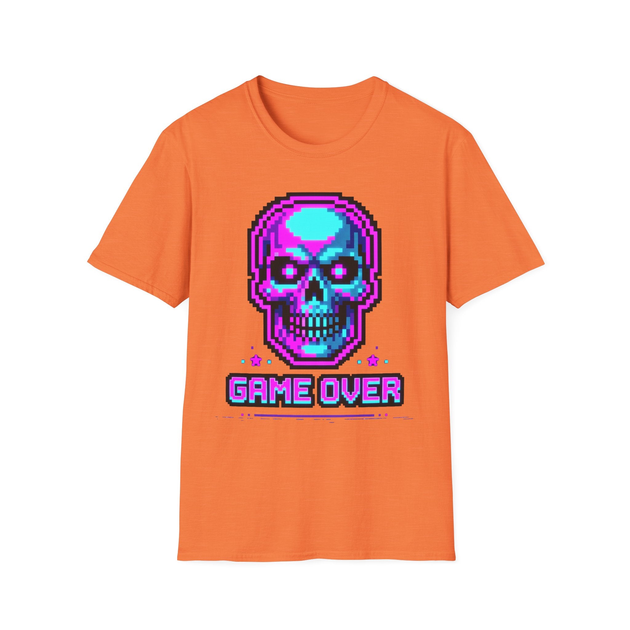 Orange t-shirt with pixel skull headphones graphic and 'GAME OVER' text