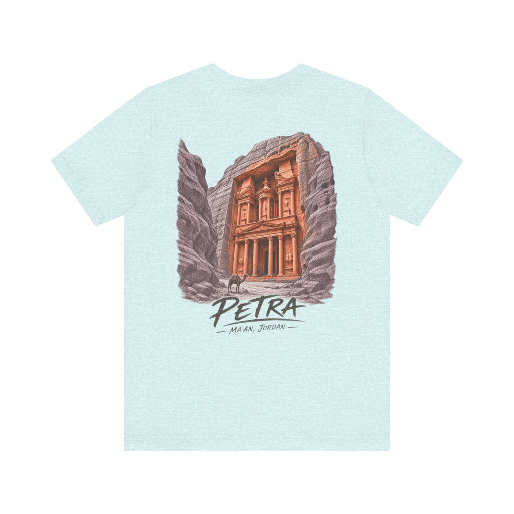 Ice blue crewneck T-shirt with large back Petra illustration graphic print
