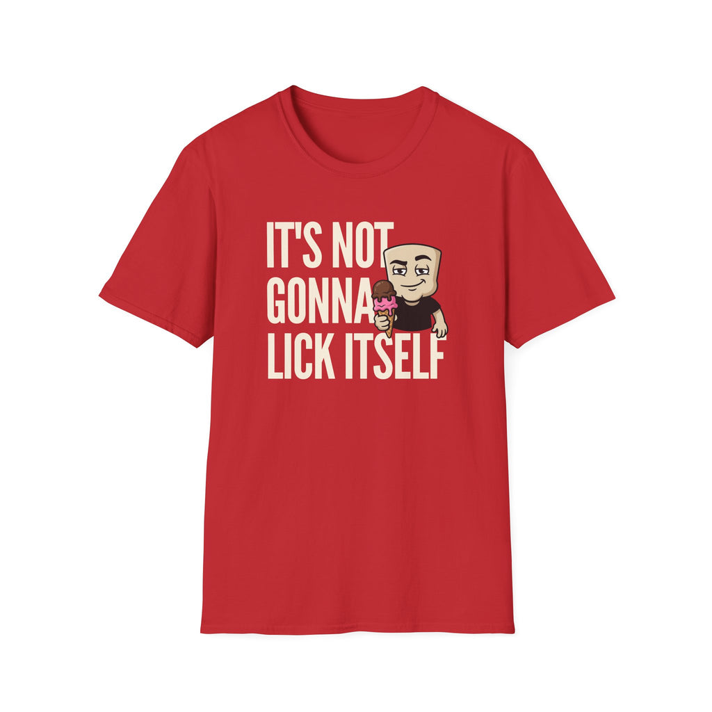 Red graphic T-shirt with humorous text and cartoon character