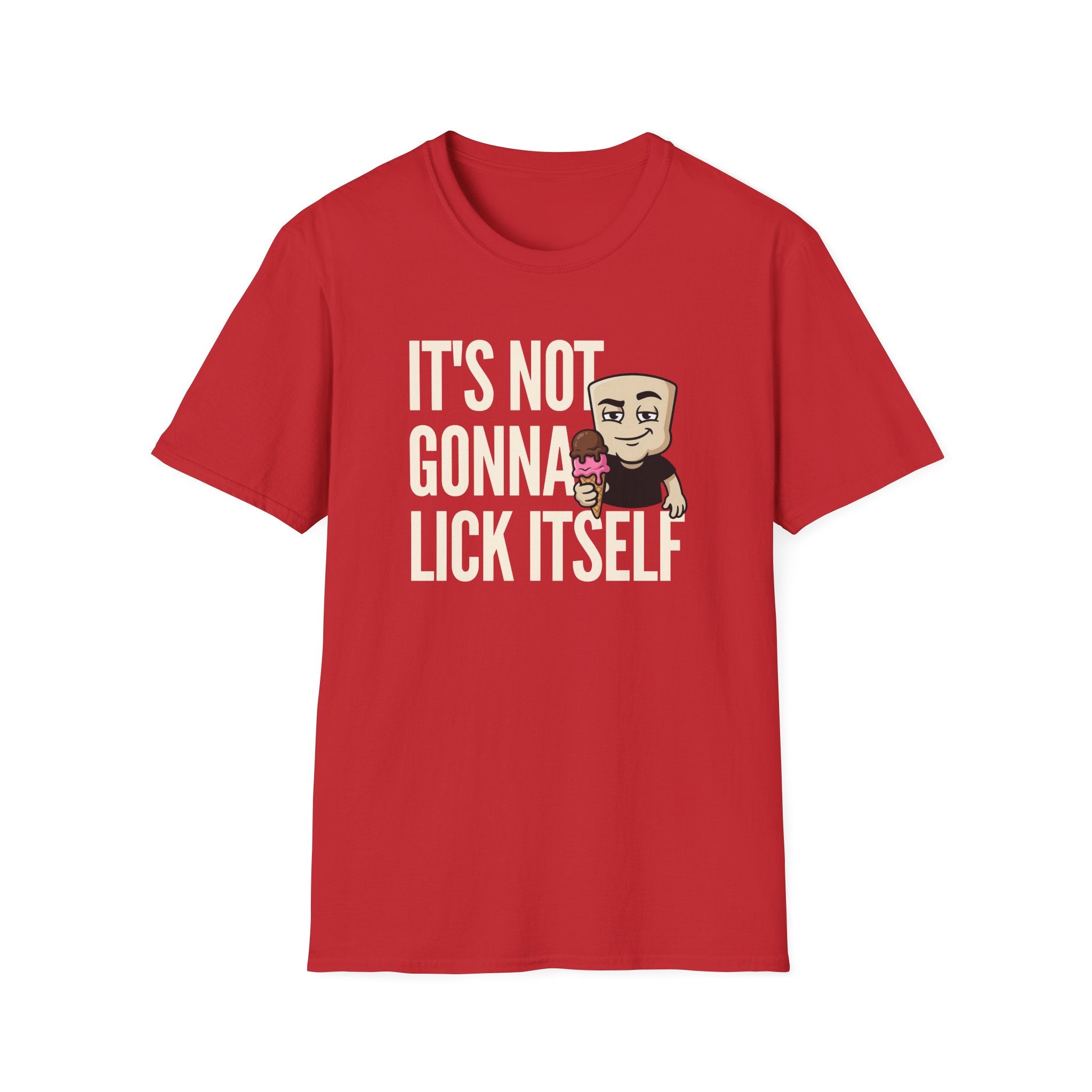 Red graphic T-shirt with humorous text and cartoon character