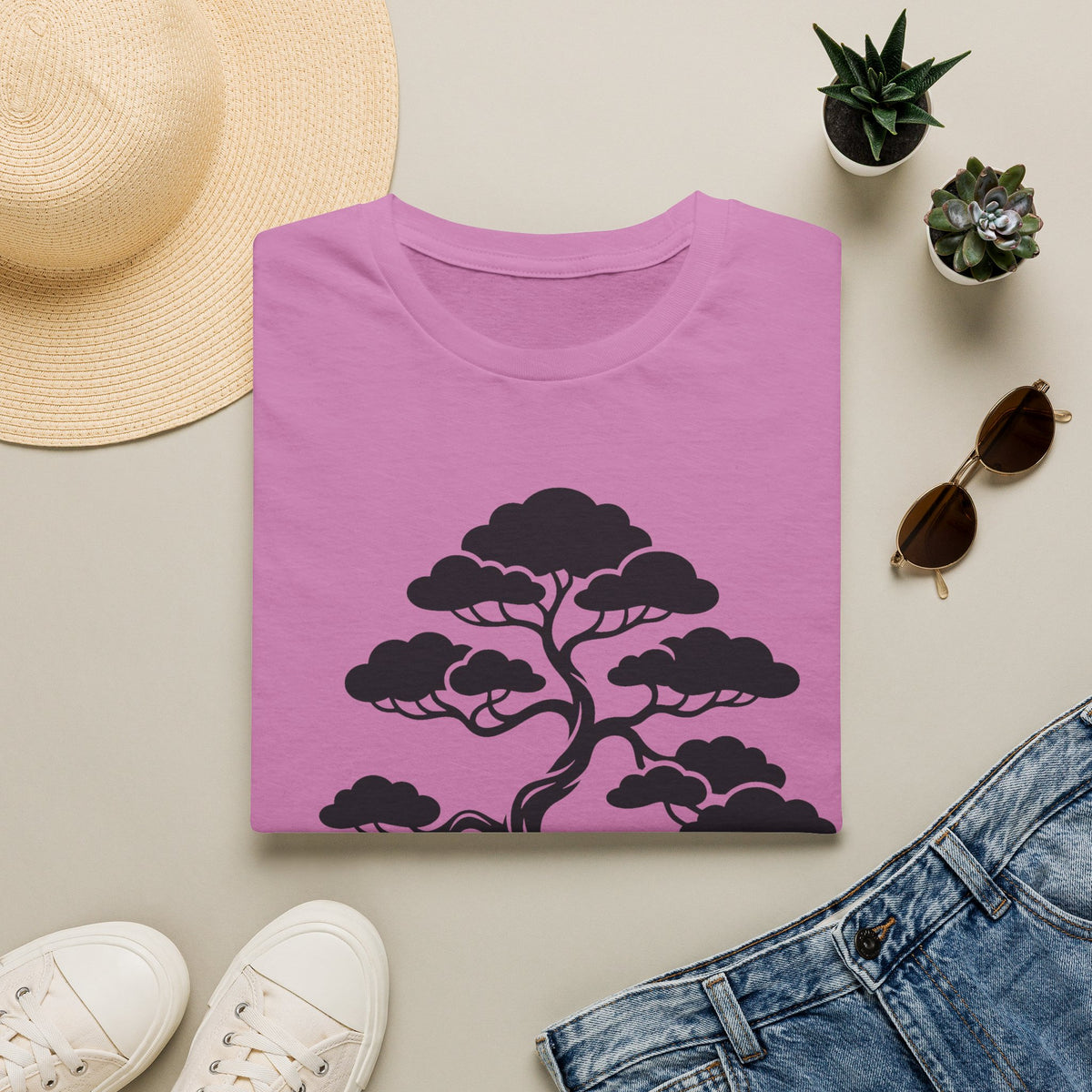 Purple bonsai tree graphic t-shirt with dark silhouette tree and foliage details