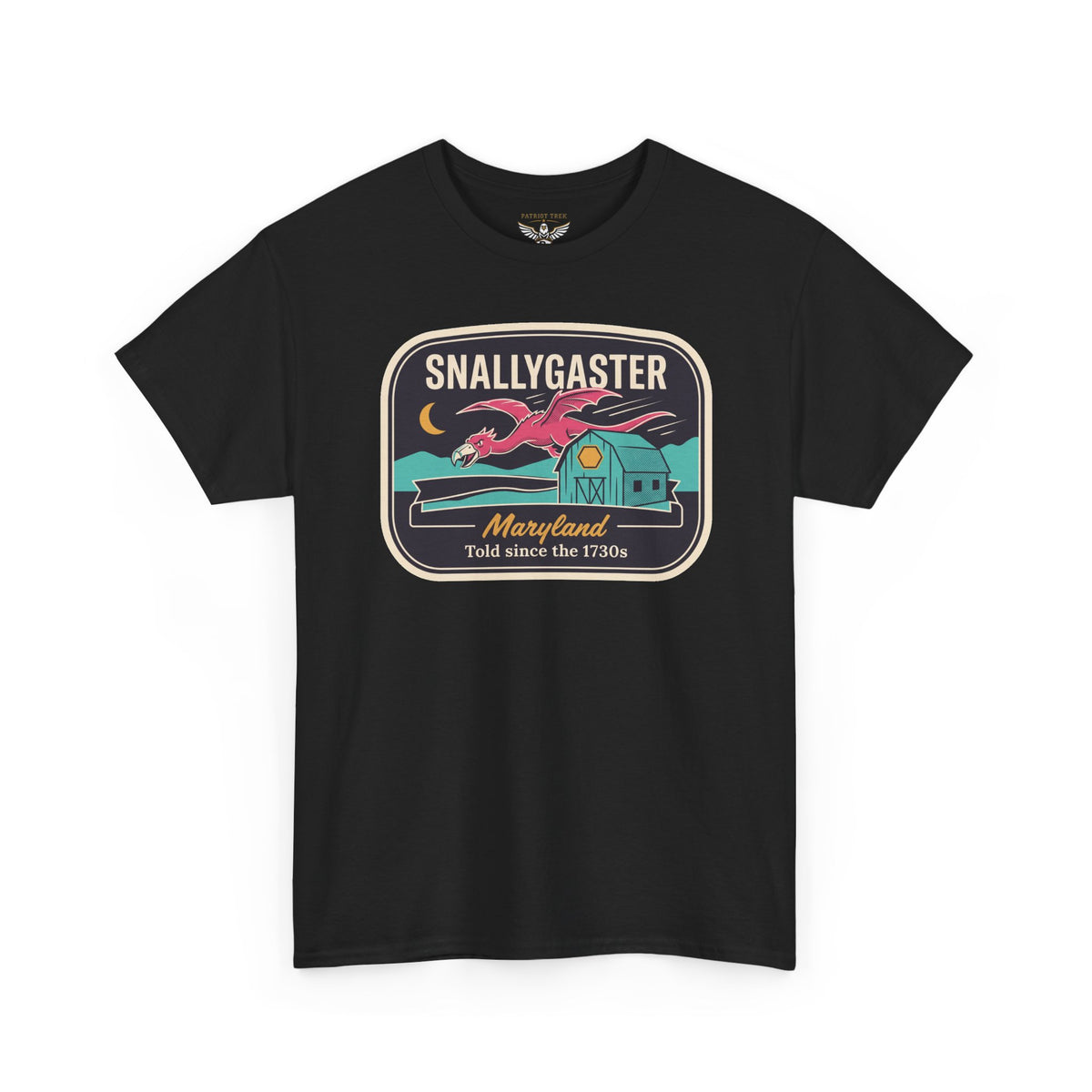 Black crewneck tee with SNALLYGASTER Maryland circular flying creature graphic