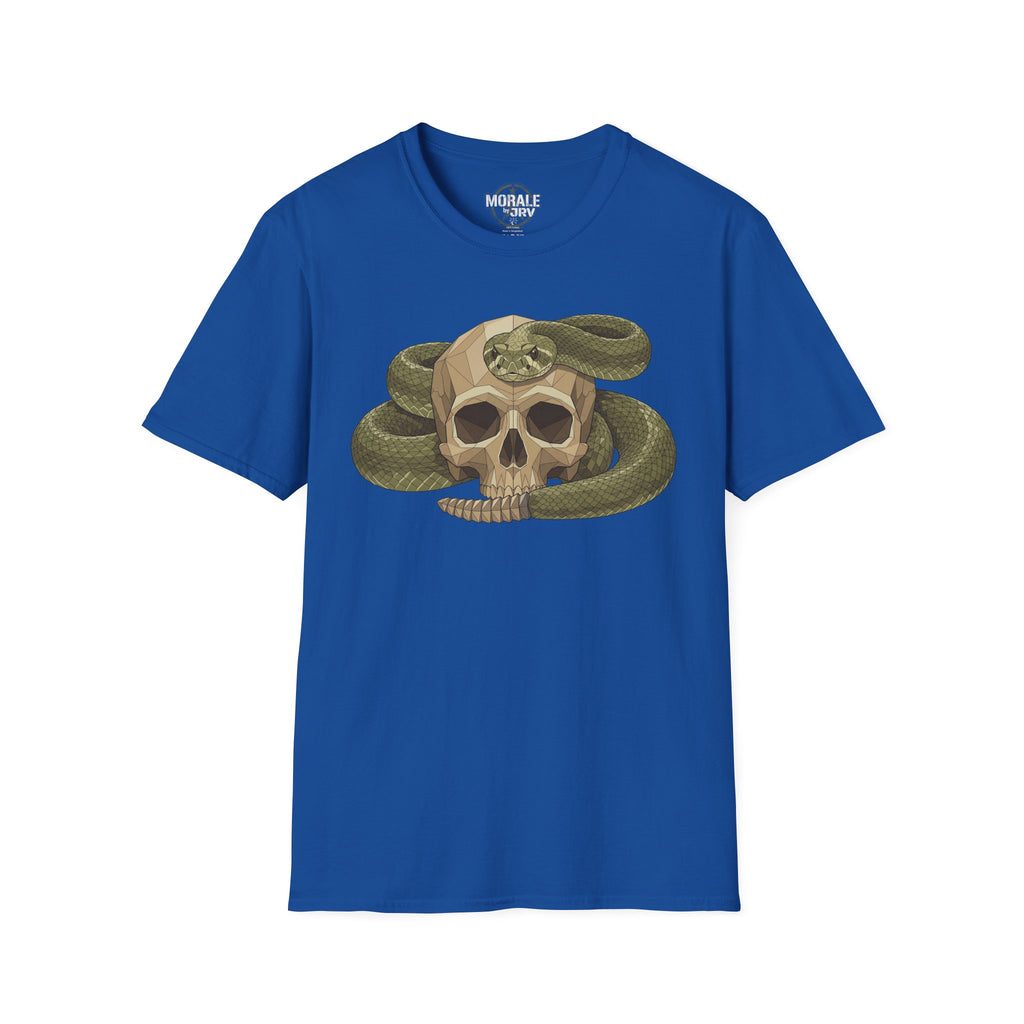 Camiseta azul real con calavera de serpiente verde envuelta, estampado botánico vintage