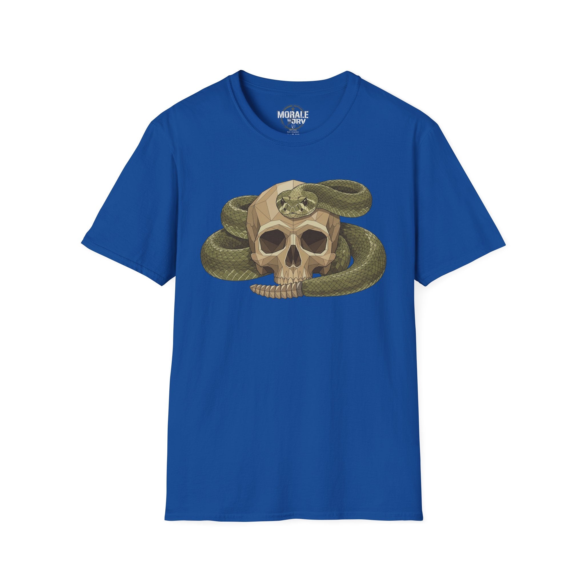 Camiseta azul real con calavera de serpiente verde envuelta, estampado botánico vintage